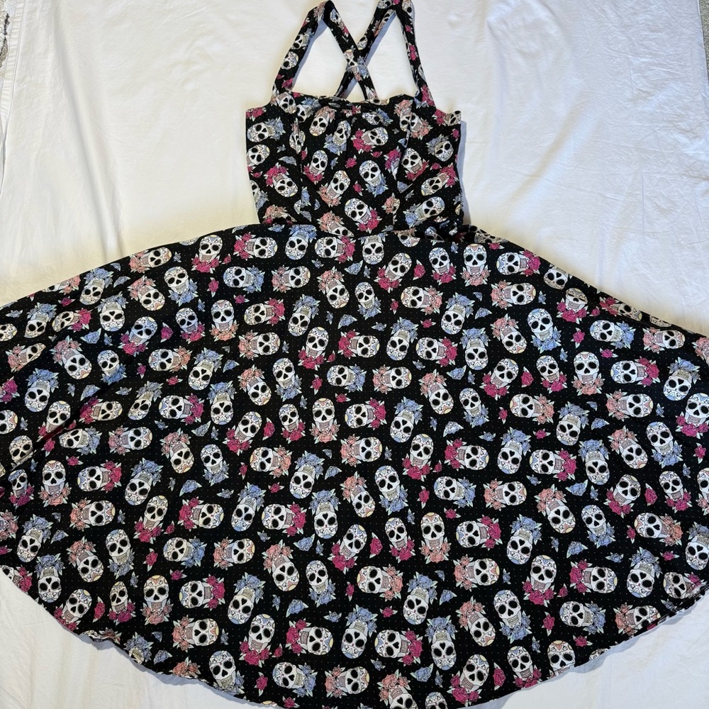 Hell Bunny Muertos 50s Style Smocked Swing Dress Dead Sugar Skull Print Ss M - Picture 2 of 12